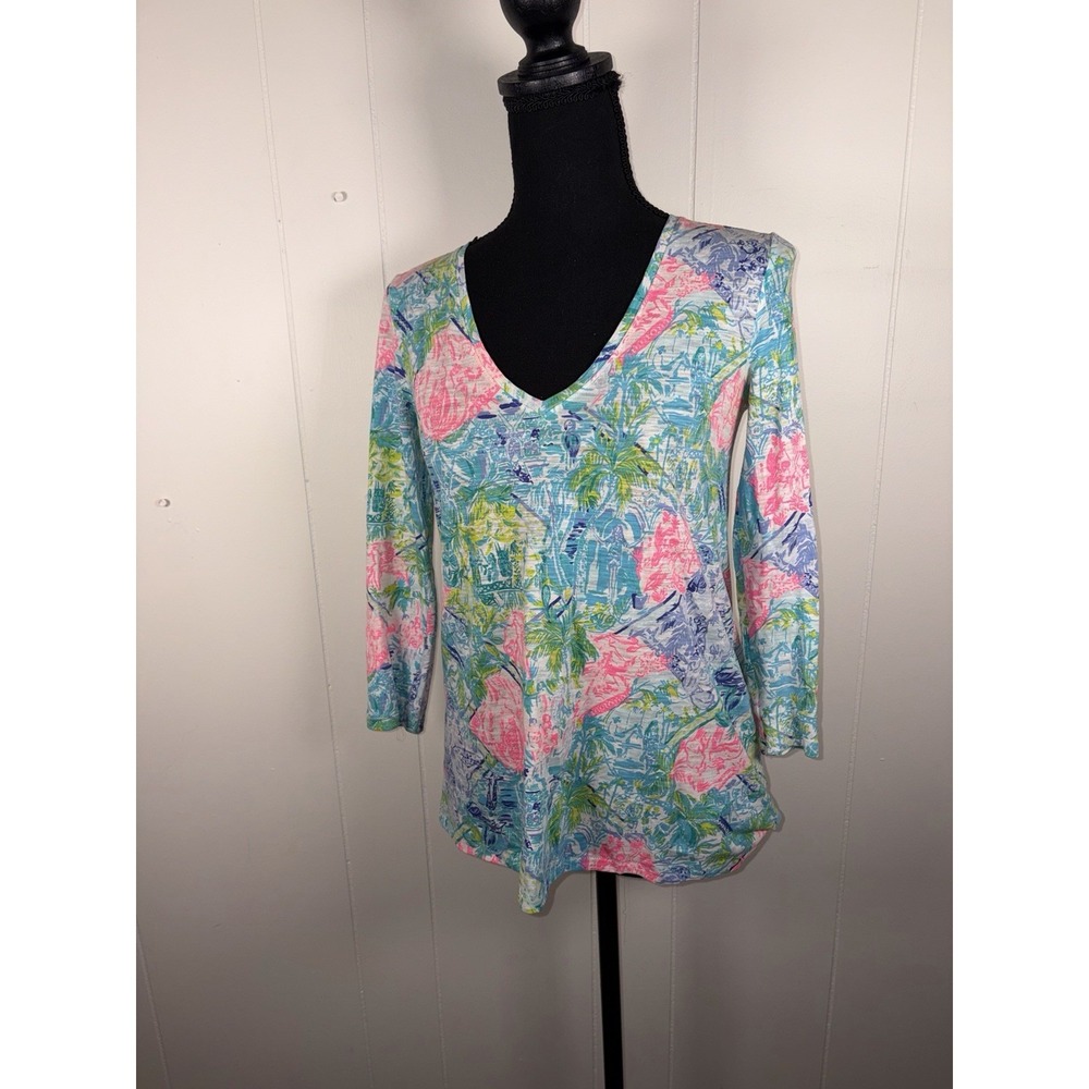 Lilly Pulitzer Etta Floral‎ Beachy 3/4 Sleeve Top xxs